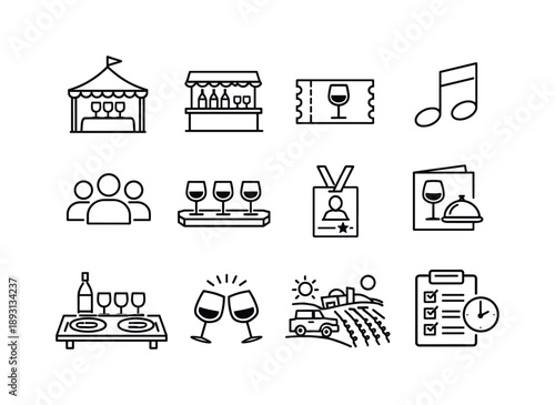 Wine Event Icons. Wine events. Line icon set of Wine events: wine festival tent, tasting booth, wine ticket, musical note, crowd icon, wine flight tray, event