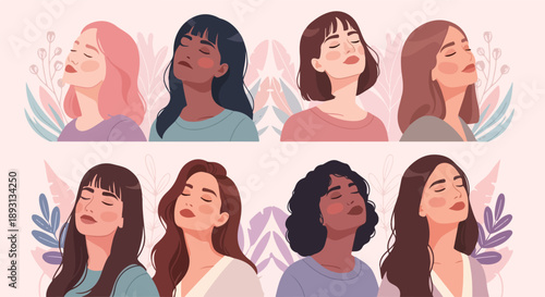 Diverse group of women with different hairstyles and skin tones celebrating International Women's Day with a floral design on a pink background.