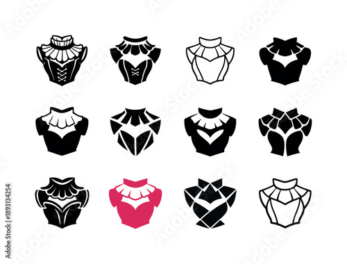 Victorian Fashion Icon Set. Victorian fashion. Icon set. Set Logo of Victorian fashion: ruffled collar and bodice. harmonious logo variations of the same