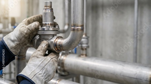 Close-up of a worker's gloved hands installing or maintaining a stainless steel valve on an industrial piping system.