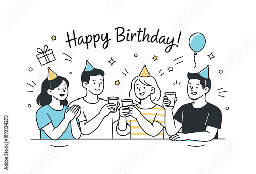 Joyful Birthday Gathering. Happy birthday moment. Friends or family members wearing small party hats, raising cups or clapping together. Friendly vibe, light