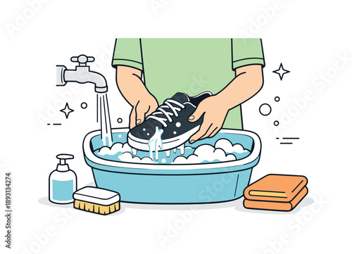 Gentle Shoe Cleaning. Outdoor shoe cleaning. Person rinsing shoes under a faucet or in a basin, with gentle water flow and bubbles, emphasizing a careful