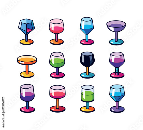 Colorful Wine Glass Icons. Modern Wine Glasses. Colorful isometric vector icons set of Modern Wine Glasses: geometric wine glass, minimal bowl glass,