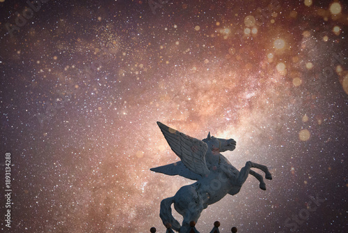 遊園地の乗り物の上に設置された、まるで空を飛んでいるようなクールなペガサス