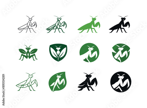 Organic Pest Control Icons. Organic pest management. Icon set. Set Logo of Organic pest management: praying mantis silhouette. harmonious logo variations of
