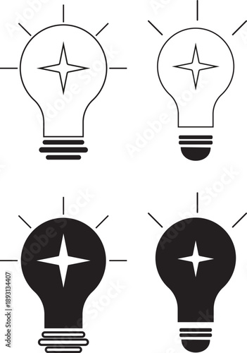 Light Bulb Idea Icon Set in Outline and Solid Styles Black and White