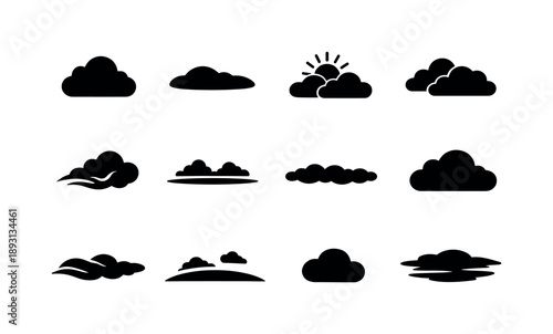 Soft Cloud Icons. Soft Cloud Cover. Solid icon set of Soft Cloud Cover: fluffy cloud, smooth cloud layer, sun diffused, light overcast, drifting cloud shape,