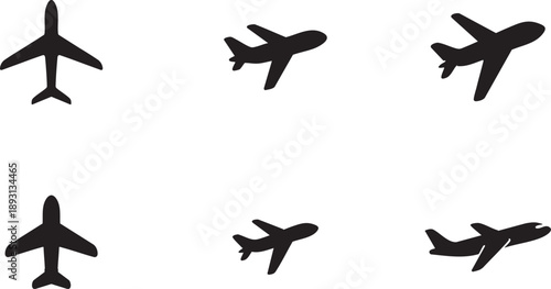 Airplane Silhouette Icon Set in Different Flight Angles Black and White