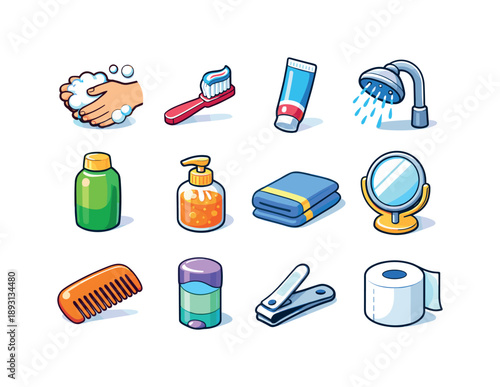 Bright Hygiene Icons. Personal hygiene. Colorful isometric vector icons set of Personal hygiene: hand washing soap, toothbrush, toothpaste tube, shower head,