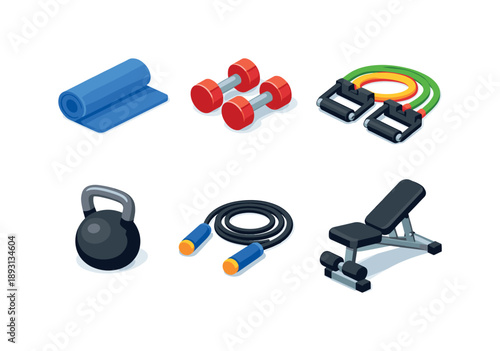 Home Gym Essentials. Home Workout Equipment. Isometric flat vector icons set of home workout equipment: yoga mat, dumbbells pair, resistance bands set,