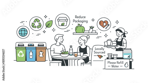 Eco-Friendly Dining Space. Eco-friendly restaurant practices. A dining space highlighting recycling stations, reduced packaging, and mindful service. Calm