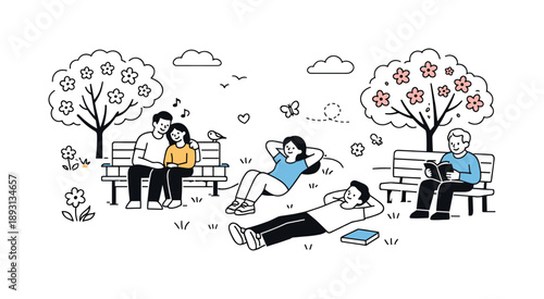 Spring Park Relaxation. Relaxing in spring park. A simple editorial scene with people sitting on benches or lying on the grass under blooming trees. The mood