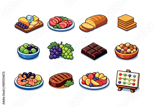 Isometric Wine Pairing Icons. Wine pairings. Colorful isometric vector icons set of wine pairings: cheese board, charcuterie slices, bread loaf, crackers