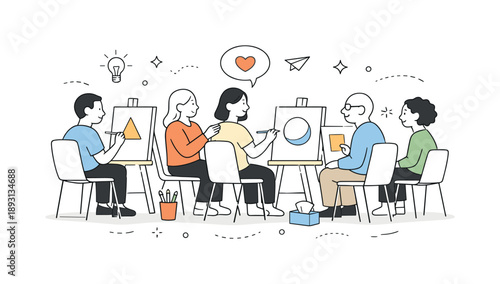 Art Therapy Session. People practicing art therapy together. Calm scene with drawing boards and simple shapes, feeling of trust, openness and emotional