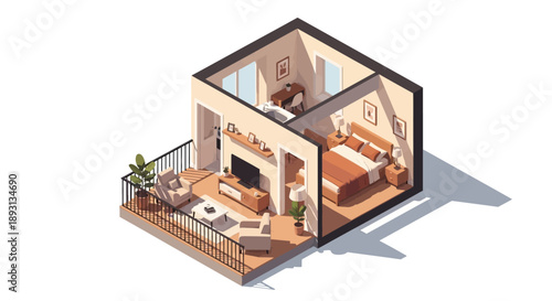 Isometric cutaway view of a modern apartment interior with living room and bedroom on isolated white background.