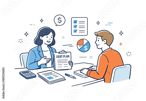 Debt Management Support. Debt management consultation. A financial counselor calmly discussing numbers with a client at a desk, documents neatly arranged. The