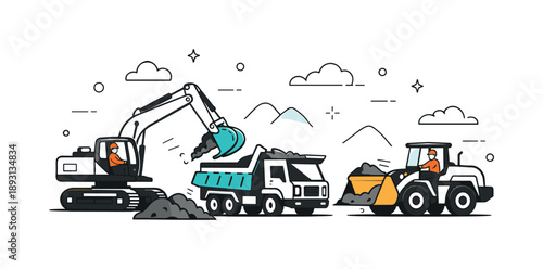 Heavy Machinery Harmony. Industrial machinery at work. Excavators and loaders move earth in a controlled environment, highlighting productivity and scale. The