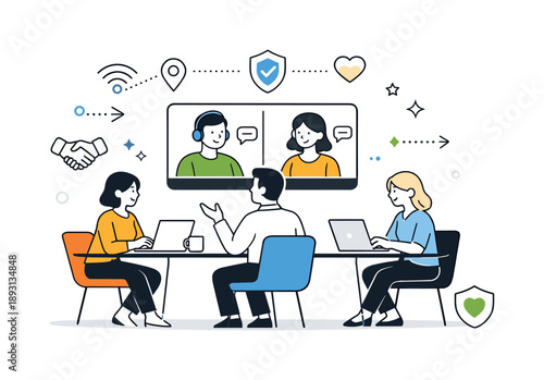 Hybrid Office Collaboration. Hybrid meeting space. A small team sitting around a table with laptops and video screens for remote colleagues, abstract icons