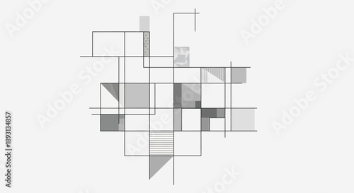 Abstract geometric pattern of interconnected lines and shapes on light gray background.