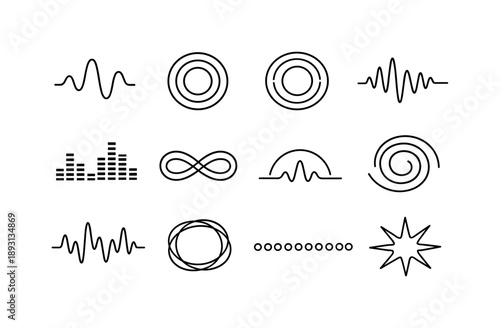 Abstract Sound Icons. Abstract shapes and colors representing sound. Line icon set of abstract shapes and colors representing sound: soundwave curve, echo