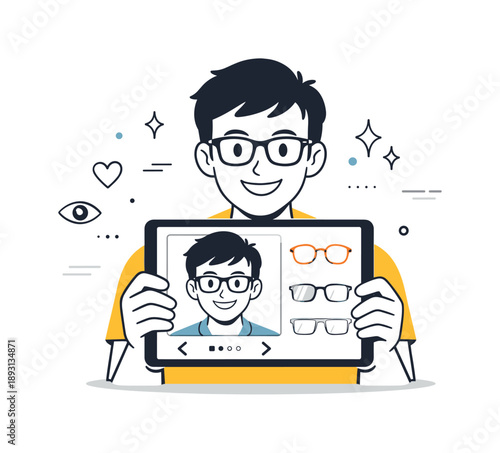 Virtual Glasses Try-On. AR eyewear virtual try-on. A user smiles while previewing different glasses frames on a tablet screen. Easy comparison, friendly