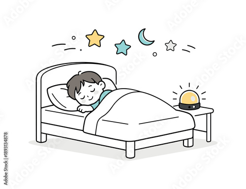 Serene Bedtime Illustration. Minimal bedtime illustration. Simple bed with child tucked in, nightlight glowing, and abstract floating stars, symbolizing calm,