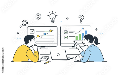 Collaborative Data Analysis. Data analysts problem solving. Analysts leaning toward screens with highlighted data points and checkmarks, thoughtful mood and