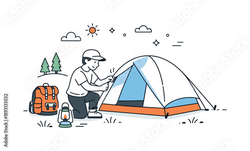 Camping Setup Illustration. Camping and outdoor setup. A person calmly setting up a tent with a backpack and lantern nearby. Peaceful outdoor preparation,