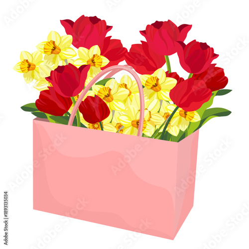 Pink bag with spring flowers without background