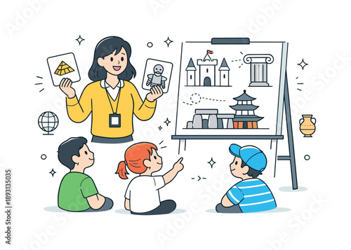 Historical Symbols Education. Cultural heritage education. A clean editorial scene of a guide explaining historical symbols and landmarks to children using