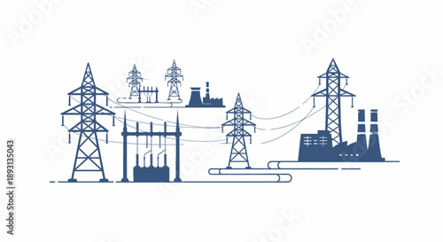 Silhouette of an electricity power grid with transmission towers, power lines, and power plant on isolated white background.