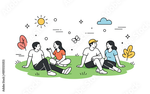 Peaceful Lawn Gathering. Outdoor leisure scene. People relaxing on a green lawn, sitting and chatting peacefully under open sky. Calm free time,