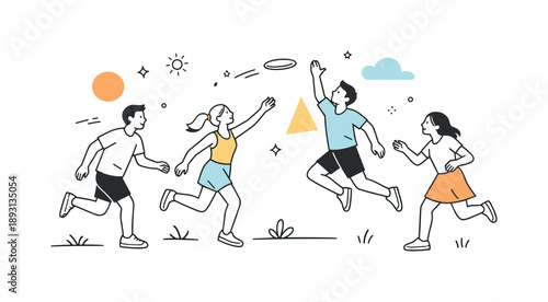 Sunny Frisbee Fun. Summer outdoor fun. A group of friends playing frisbee in a sunny park, moving lightly across the grass. Bright energy, casual joy, and