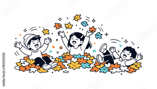 Leaf Pile Fun. Leaf pile playtime. Children sitting and rolling in colorful leaves, tossing handfuls above them, capturing playful energy and seasonal joy.