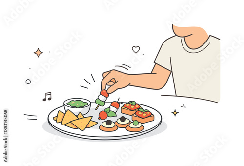 Appetizer Tasting Moment. Appetizer plate ? tasting moment. Person reaching for a bite from an appetizer plate, relaxed and casual dining interaction. Gentle
