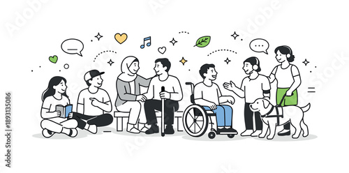 Inclusive Community Gathering. Inclusive community life. People with visible and invisible disabilities socialize together in a relaxed setting. Belonging,