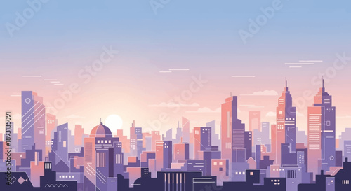 Modern city skyline with numerous buildings at sunrise or sunset, urban landscape.