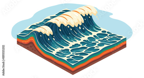 Isometric cross-section of powerful ocean waves breaking over a layered seabed on isolated white background.