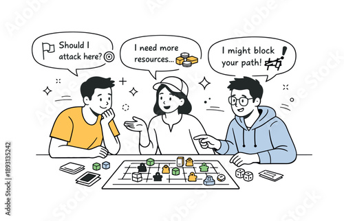 Board Game Strategy. Playing board games strategy. Players discussing moves with speech bubbles and subtle icons. Thoughtful decisions and friendly competition