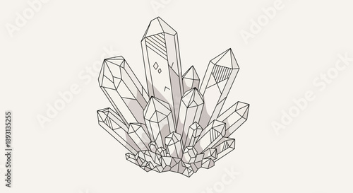 Minimalist outline drawing of a crystal cluster on isolated white background, showcasing a simple elegant design.