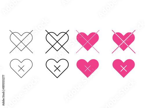Heart with cross mark symbol. Love with x sign, vector illustration, isolated on transparent background