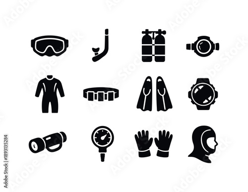 Diving Gear Icons. Diving Gear. Solid icon set of Diving Gear: dive mask, snorkel, air tank, regulator, diving suit, weight belt, fins, dive