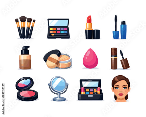 Vibrant Makeup Icons. Professional makeup. Colorful flat vector icons set of Professional makeup: studio brushes, pigment palette, classic lipstick, waterproof