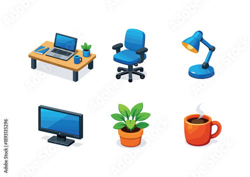 Isometric Home Office Icons. Remote work setup. Isometric flat vector icons set of remote work setup: home desk with laptop, ergonomic office chair, desk lamp,