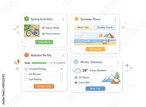 Seasonal UI Cards. Seasonal UI/UX cards. A modern editorial scene showing multiple seasonal cards for dashboard or app interface, with icons, buttons, and