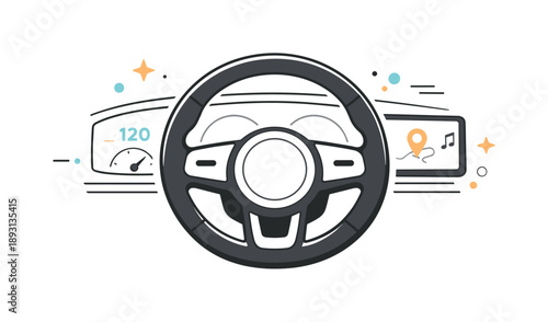Minimalist Car Interior Design. Modern car interior detail. A steering wheel with minimal buttons and a hint of dashboard elements nearby. The scene highlights