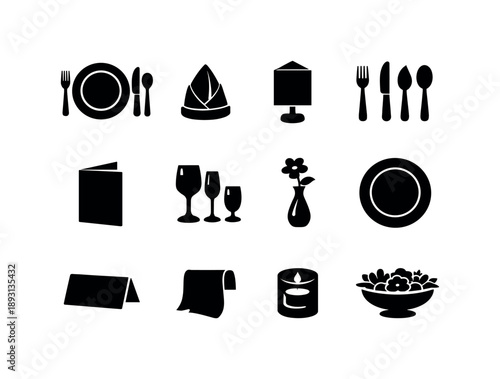 Wedding Table Icons. Wedding table styling. Solid icon set of wedding table styling: plate setting, napkin fold, table number sign, cutlery layout, menu card,