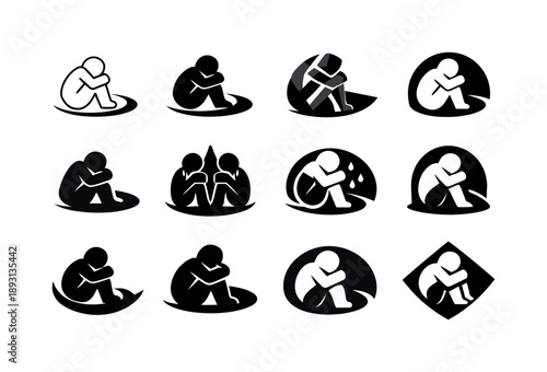 Darkness Emblems Collection. Crying alone in darkness. Icon set. Set Logo of crying alone in darkness: soft shadow curve. harmonious logo variations of the