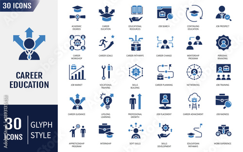 Career Education icon set. Icons related to career, education, training, skills, development, learning, mentorship, employment, and more. Solid icon set. Vector Illustration
