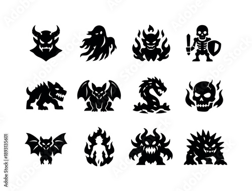 Underworld Creature Icons. Creatures from the Underworld. Solid icon set of Creatures from the Underworld: horned demon, shadow wraith, fire imp, skeletal